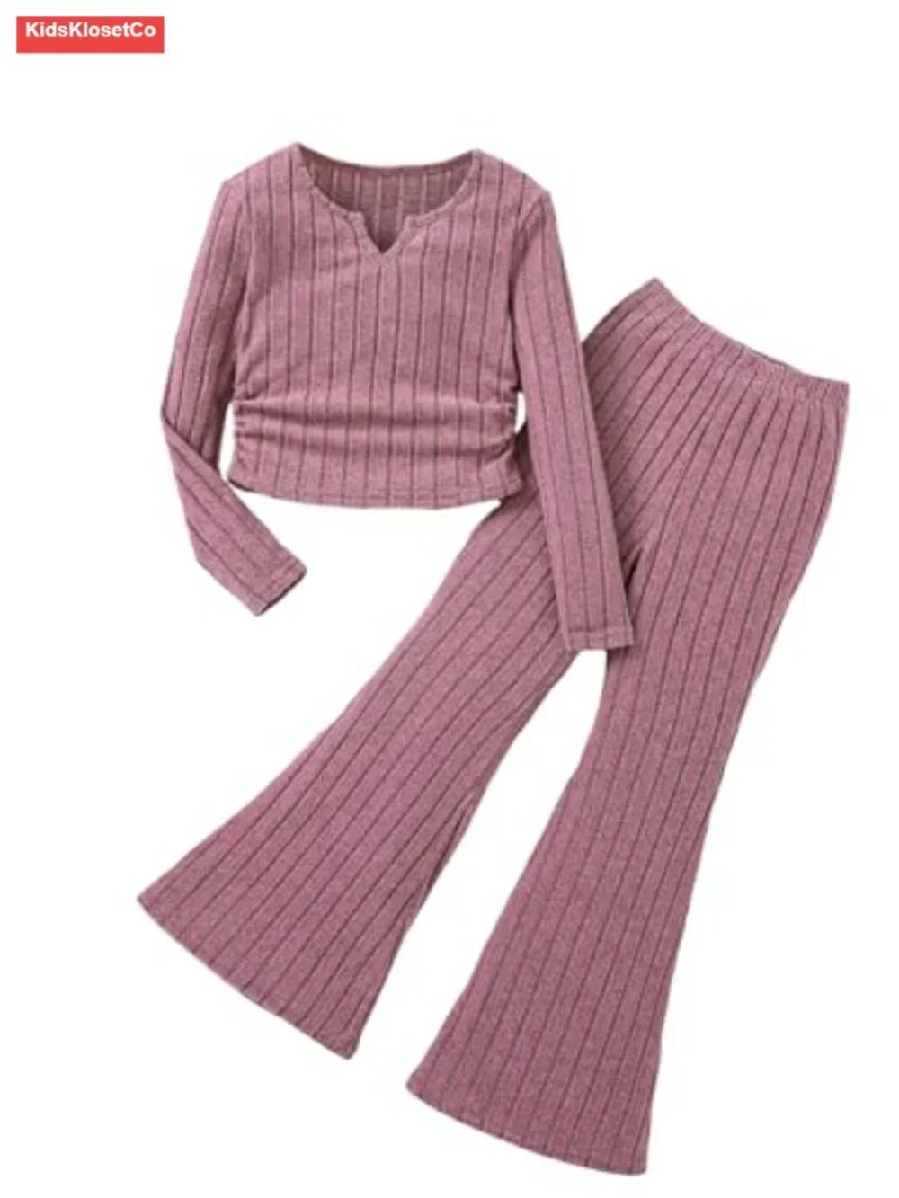 Girls 2 Piece Set | Ruched Long Sleeve Tee & Flare Leg Pants | 96% Polyester 4%